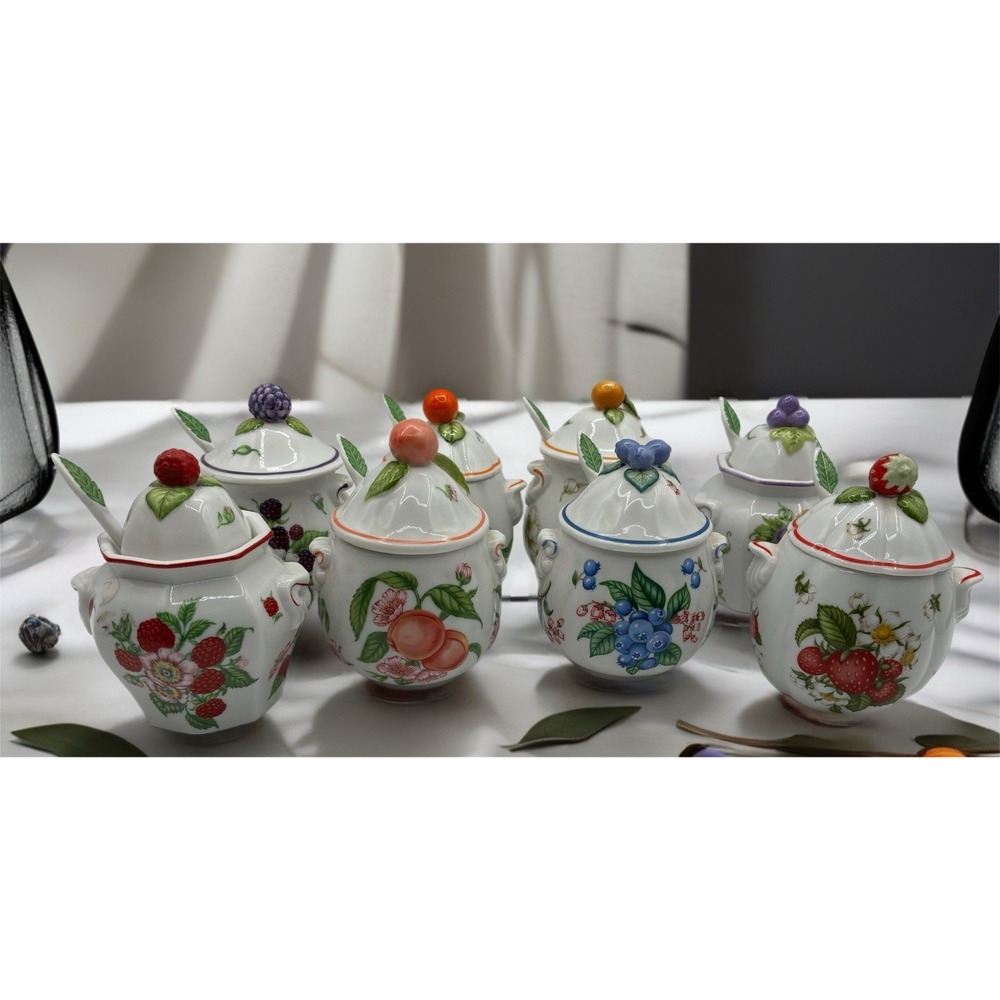 Vintage 1991 Lenox Orchard Porcelain Jam/Jelly Jars - Set of 8 with 8 spoons